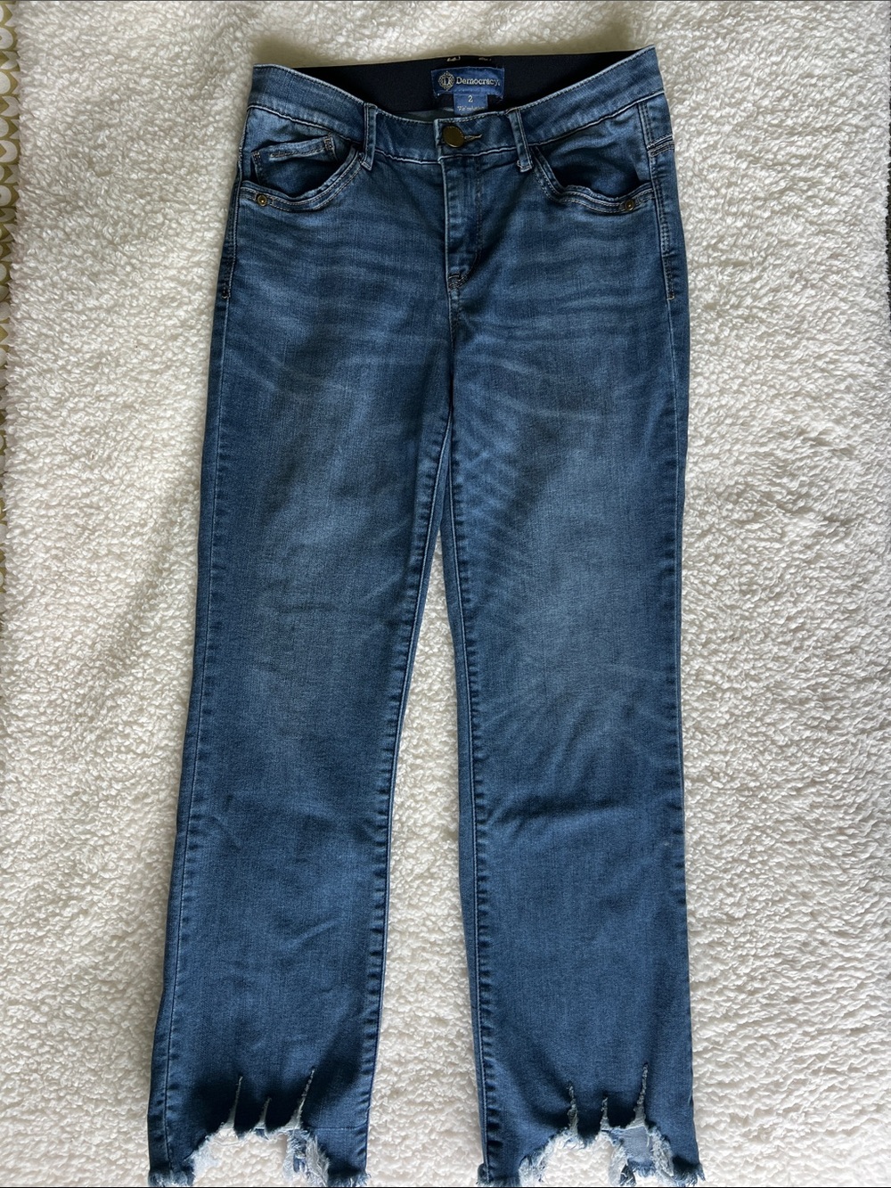 Democracy Women's Dark Blue Straight Leg Jeans with Distressed Hem